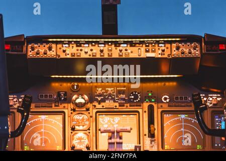 View from the cockpit passenger plane. The steering wheel control of the aircraft aero Stock Photo