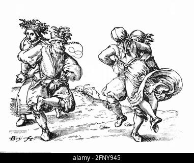 dance, barn dances, dancing peasants at a wedding, copper engraving by de Bry, late 16th century, ADDITIONAL-RIGHTS-CLEARANCE-INFO-NOT-AVAILABLE Stock Photo