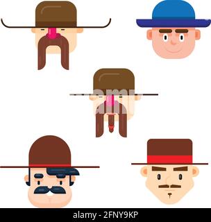 Set of five man faces wearing a long hat with different mustache styles. Flat Design Isolated vector illustration. Stock Vector