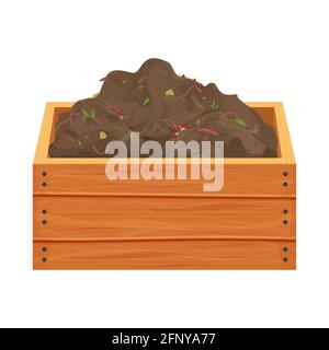 Compost pile with organic garbage and earthworms in wooden box in cartoon style isolated on white background. Recycle process, gardening. Vector illus Stock Vector