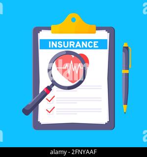 Clipboard with medical insurance claim form on it, paper sheets, pen isolated on blue background. Stock Vector