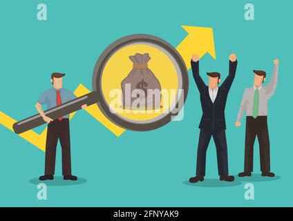 Businessman with a magnifying glass exploring, studing and analyzing the financial chart. Vector illustration. Stock Vector