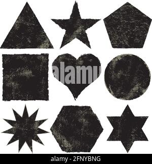 A set of nine geometric shapes with grunge texture. Stock Vector