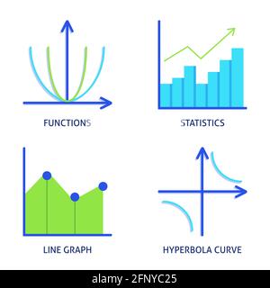 Math science icons set in flat style. Functions and curves, graphs and charts. Vector illustration. Stock Vector