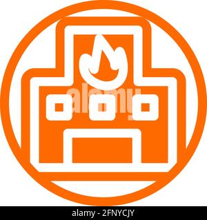 Fire station icon in flat design with orange color and outline on a line circle background. Stock Vector