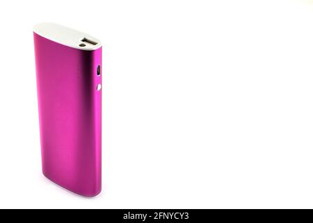 Pink color power bank on white background Stock Photo