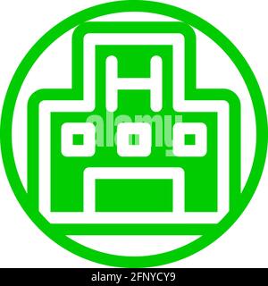 Hospital icon in flat design with green color and outline on a line circle background. Stock Vector