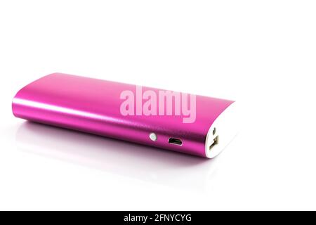 Pink color power bank on white background Stock Photo