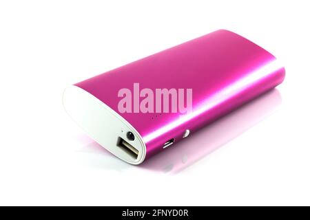 Pink color power bank on white background Stock Photo