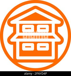 Two story house icon in flat design with orange color and outline on a line circle background. Stock Vector