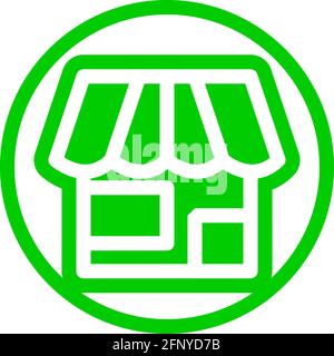 Shop icon in flat design with green color and outline on a line circle background. Stock Vector