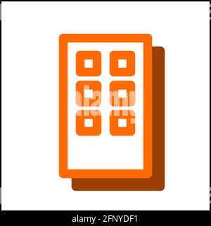 Big windows building icon in flat design with orange color and drop shadow. Stock Vector