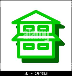 Two story house icon in flat design with green color and drop shadow. Stock Vector