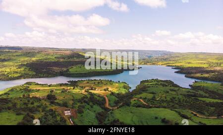 Aerial shot of a lake, Satara, Maharashtra, India Stock Photo