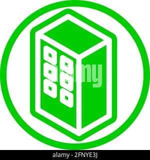 Big windows building icon in isometric flat design with green color and outline on a line circle background. Stock Vector