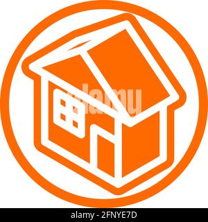 Standard house icon in isometric flat design with orange color and outline on a line circle background. Stock Vector