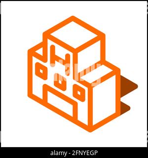 Hospital icon in isometric flat design with orange color and shape of a shadow. Stock Vector