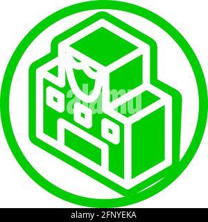 Police station icon in isometric flat design with green color and outline on a line circle background. Stock Vector