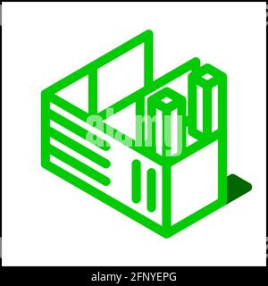 Factory icon in isometric flat design with green color and shape of a shadow. Stock Vector