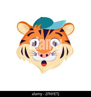 Cute tiger character, face with surprised, shocked emotions. Wild animals of africa, funny or smile cartoon muzzle in a cap Stock Vector