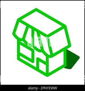 Shop icon in isometric flat design with green color and shape of a shadow. Stock Vector