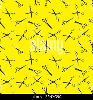 Seamless pattern of black scissors. professional hairdresser black scissors isolated on yellow. Black barber scissors, close up. pop art background Stock Photo