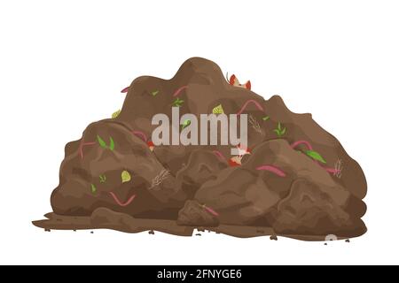 Compost pile with organic garbage and earthworms in cartoon style isolated on white background. Farming, recycling concept. Vector illustration Stock Vector