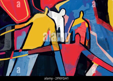 Colorful abstract people neoplasticism and cubism art style. Painting with primary color in Mondrian and keith haring style with abstract people. For Stock Photo