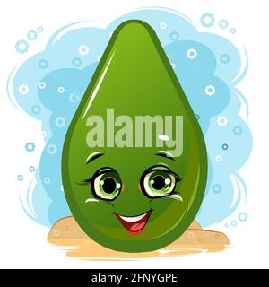 Avocado cheerful smile. Juicy red fruit with a muzzle. Cartoon style. Isolated over white background. Vector illustration. Bright summer composition. Stock Vector