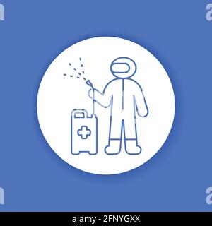 Worker in protective suit with disinfector sprayer color glyph icon. Protect from viruses. Cleaning service. Pictogram for web, mobile app, promo. UI Stock Vector