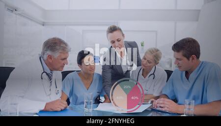 Composition of statistics and network of connections over doctors in meeting Stock Photo