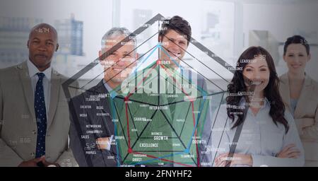 Composition of globe with network of connections over smiling business people Stock Photo
