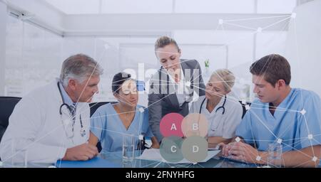 Composition of statistics and network of connections over doctors in meeting Stock Photo