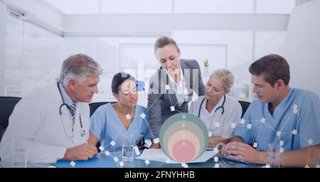 Composition of statistics and network of connections over doctors in meeting Stock Photo