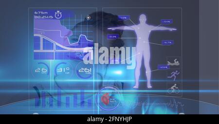 Digital interface with medical data processing against woman in background Stock Photo