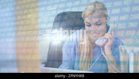 Financial data processing over nurse talking on a phone, economy and healthcare concepts Stock Photo