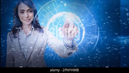 Globe of network of connections against businesswoman touching invisible screen Stock Photo
