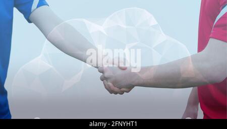 Digital composite image of cloud icon against mid section of two sportsmen shaking hands Stock Photo