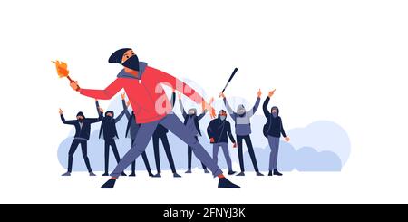 Man with Molotov cocktail on the streets of the city against the background of aggressive teenage protesters in a mask and hood, holding and raising Stock Vector
