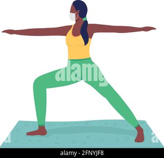 Indian woman in mask exercising flat color vector faceless character Stock Vector