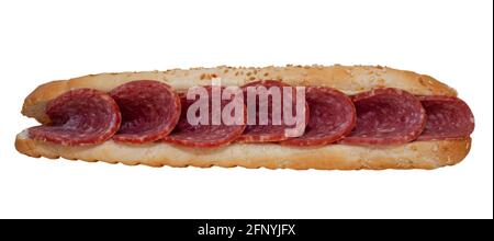 Long sandwich with sausage isolated on white background. Quick lunch - sesame bun and salami filling. Gas station menu. A simple sandwich with slices of sausage on bread. Stock Photo