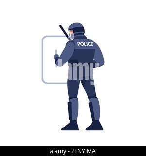 Riot police officer in uniform, helmet with shield and baton. Cartoon flat style character design vector illustration isolated on white background Stock Vector
