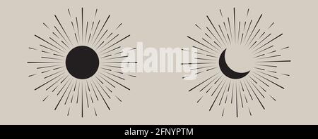 Moon and sun. Lines. Minimalism, abstract composition. Magical astrology and boho. Vector illustration Stock Vector