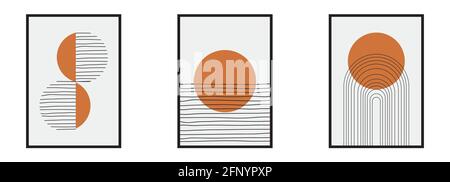 Abstract sun moon posters set. Modern minimalistic boho style backgrounds. Wall decor. Vector illustration Stock Vector