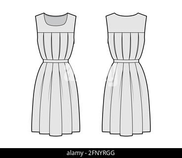 Dress gymslip technical fashion illustration with sleeveless, knee length A-line skirt, scoop neckline. Flat girls school uniform apparel front, back, grey color style. Women, men unisex CAD mockup Stock Vector