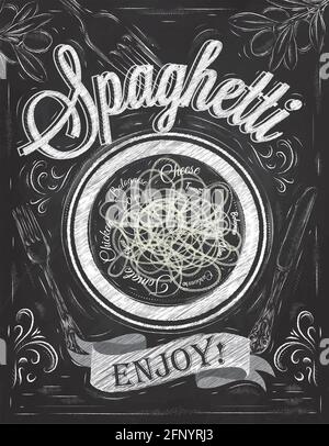 Poster lettering spaghetti enjoy! in retro style stylized drawing with chalk on blackboard. Stock Vector