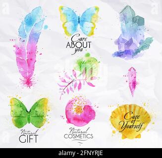 Set of symbols icons nature watercolor painted symbol spray droplets butterfly, feather, branches, crystal, shell, flower Stock Vector