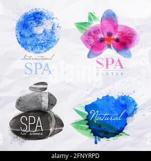 Set of symbols icons spa natural stones symbols orchid water droplets stylized watercolor painting Stock Vector