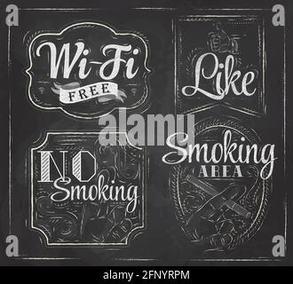 Set signs Wi fi free, smoking area, no smoking, like, stylized drawing with chalk on a blackboard Stock Vector