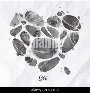 Heart made with stones watercolor on crumpled paper Stock Vector